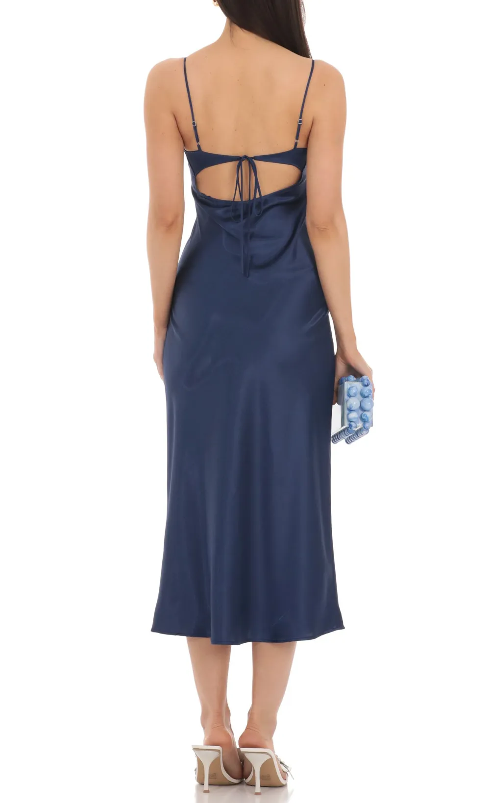 Satin Open Back Midi Dress in Navy